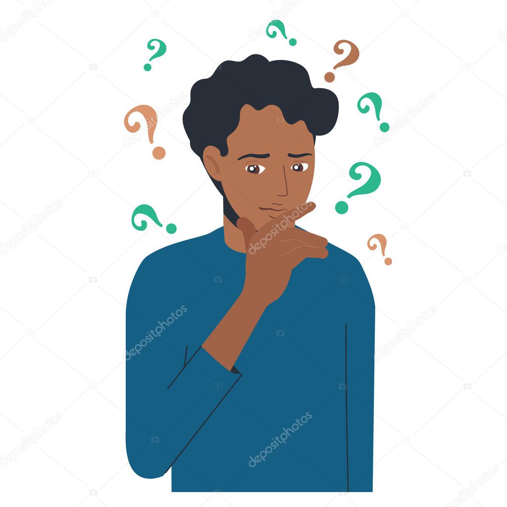 Portrait of young troubled black man. Boy with question mark in think bubble. People thinking or solving problem. Dilemma vector flat cartoon concept illustration.