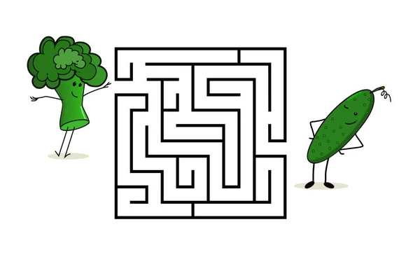 Square labirintus labirintus rajzfilmfigurák. Cuki brokkoli és uborka. Érdekes játék gyerekeknek. Oktatási munkalap. — Stock Vector
