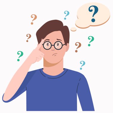 Genç bir kadının portresi. Düşünce balonunda soru işareti olan bir çocuk. İnsanlar düşünüyor ya da problem çözüyorlar. İkilem vektörü düz çizgi film konsepti çizimi.