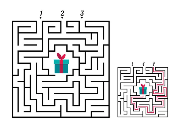 Квадратный лабиринт игра для детей. Загадка логики лабиринта. Три входа и один правильный путь. Векторная плоская иллюстрация — стоковый вектор