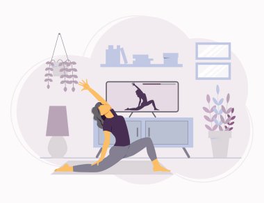Evde yoga dersleri izleyen bir kız. İç mekanda konsept kal. Yoga ve meditasyon pratiği yapıyorum. Vektör düz resimleme