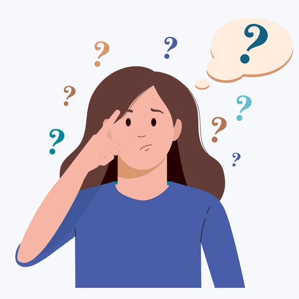 Portrait of young troubled woman. Girl with question mark in think bubble. People thinking or solving problem. Dilemma vector flat cartoon concept illustration. — Stock Vector
