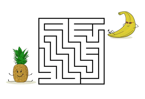 Labirin labirin persegi dengan karakter kartun. Buah manis nanas dan pisang. Permainan yang menarik untuk anak-anak. Lembar kerja untuk pendidikan. - Stok Vektor