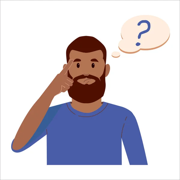 Portrait of young black beard man with question mark in think bubble. People thinking or solving problem. Dilemma vector flat cartoon concept illustration. — Stock Vector