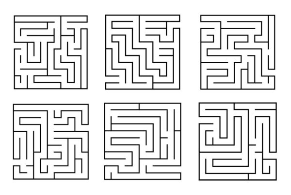Set of square maze labyrinth game for kids. Labyrinth logic conundrum. One right way to go. Vector flat illustration