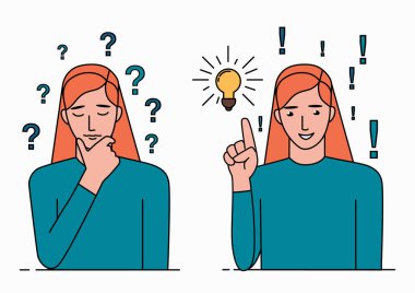 Problem çözme konsepti. Bir kadın bir sorun hakkında düşünür ve bir çözüm bulur. Soru işareti ve ampul bu sürecin sembolleridir. Çizgi sanat vektörü illüstrasyonu