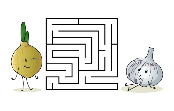 Square labirintus labirintus rajzfilmfigurák. Édes hagyma és fokhagyma. Érdekes játék gyerekeknek. Oktatási munkalap. — Stock Vector