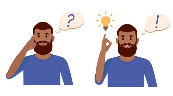 Problem solving concept. Black beard man thinks and solves a problem. A question mark and a luminous bulb as symbols of the appearance of a creative idea. Cartoon flat illustration — Stock Vector