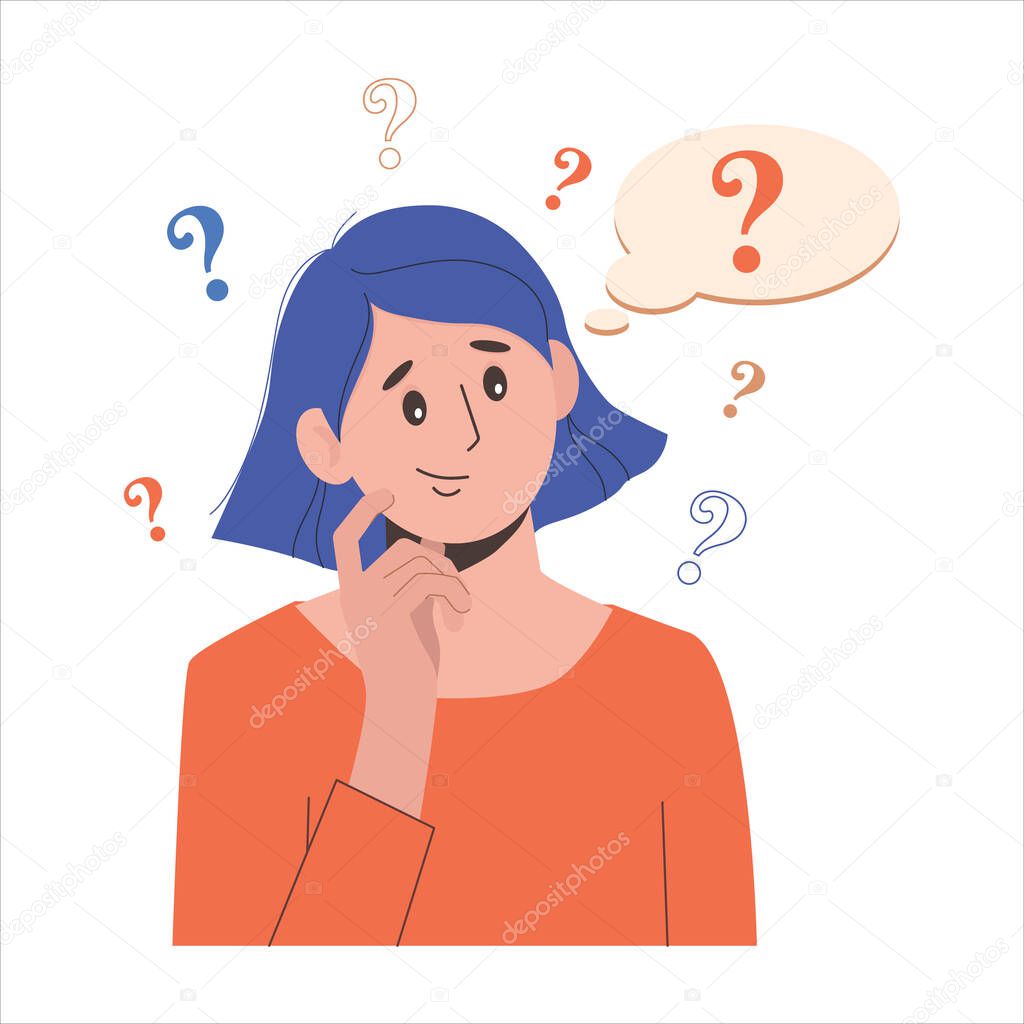 Portrait of young troubled woman. Girl with question mark in think bubble. People thinking or solving problem. Dilemma vector flat cartoon concept illustration.