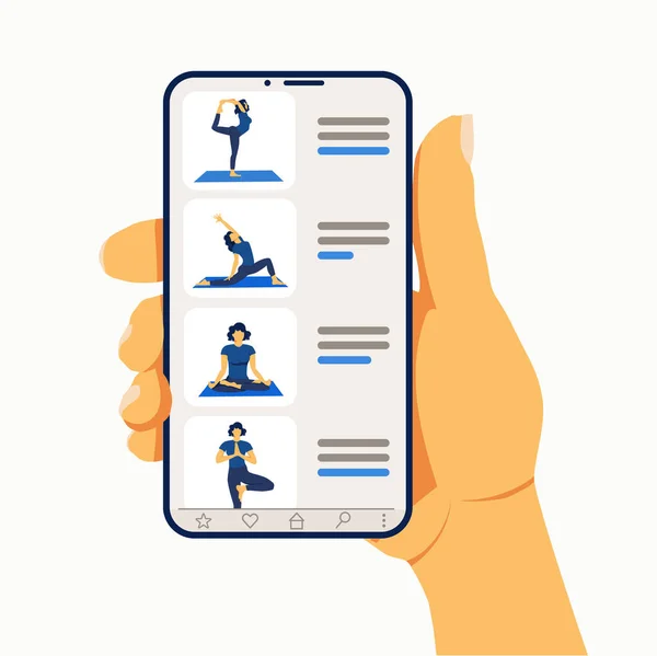 Yoga på nätet. Flicktränare på en smartphone-skärm gör en lektion. Begreppet yogakurser eller webbdesign. Platt illustration isolerad på vit bakgrund. Idrott i hemmet — Stock vektor