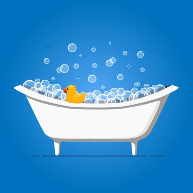 Küvetli ve sarı plastik ördekli banyo vektör çizimi. Banyo ve oyuncak köpüklü su köpüğü. Çizgi film düz çizimi