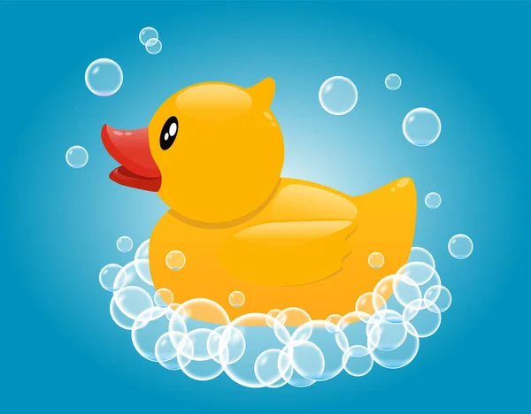 Pato de goma amarillo en espuma de jabón. Juguete de baño bebé. Dibujos animados vectoriales ilustración — Vector de stock