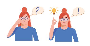 Problem çözme konsepti. Kadın düşünür ve sorunu çözer. Bir soru işareti ve parlak bir ampul yaratıcı bir fikrin ortaya çıkışının sembolü olarak. Çizgi film düz çizimi