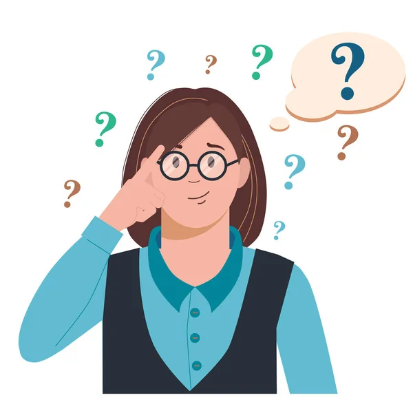 Portrait of young troubled woman. Girl with question mark in think bubble. People thinking or solving problem. Dilemma vector flat cartoon concept illustration. — Stock Vector