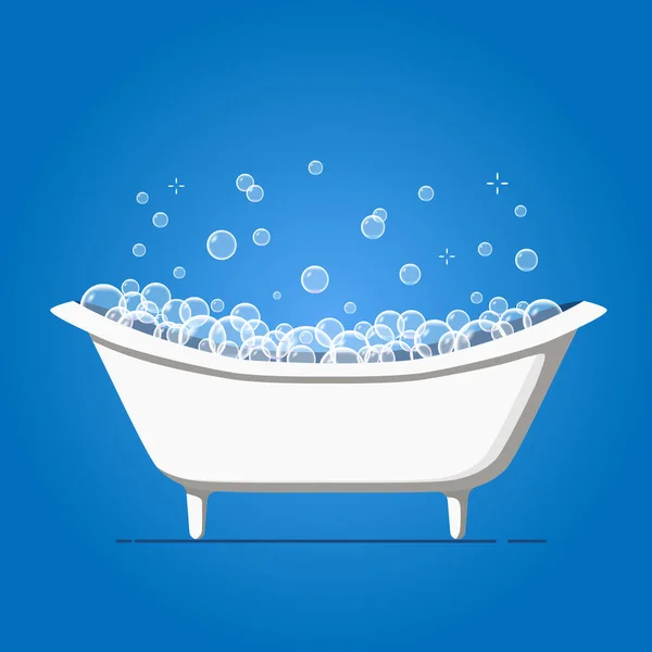 Bathtub with soap bubbles. Foam shower in bath on blue background. — Free Stock Photo