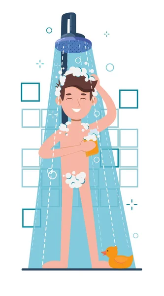 Young man taking shower in bathroom. Washes head, hair and body with shampoo and soap. Flat cartoon vector illustration isolated on white background. — Stock Vector