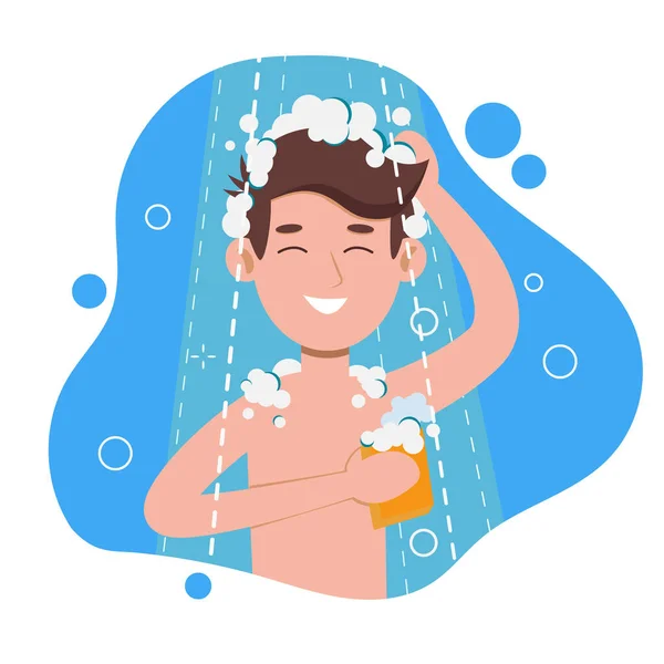 Joven Duchándose Baño Lava Cabeza Cabello Cuerpo Con Champú Jabón — Vector de stock