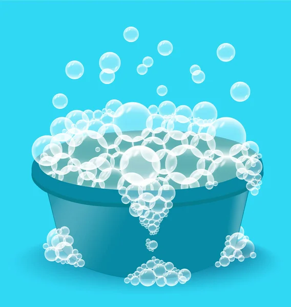 Bacinella di plastica blu con sapone. Ciotola con bolle su sfondo blu. Concetto di lavanderia, attrezzatura per la pulizia. — Vettoriale Stock