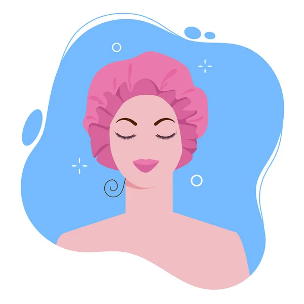 Młoda kobieta w czepku prysznicowym w wannie dla ochrony mokrych włosów. Wektor kreskówka płaska ilustracja — Wektor stockowy
