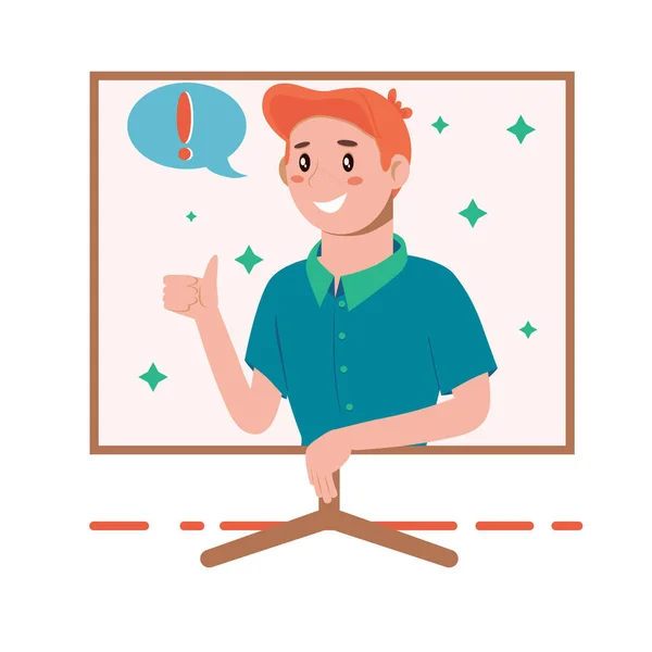 Problem solving concept. A man thinks and solves a problem. Happy man shows gesture cool. Appearance of a creative idea. Cartoon flat illustration — Stock Vector