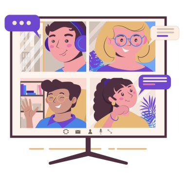 Toplu sanal toplantı ve grup video konferansı. Çevrimiçi arkadaşlarla sohbet, online bir forumda sohbet. Video konferans ve uzak çalışma için vektör düz illüstrasyon.