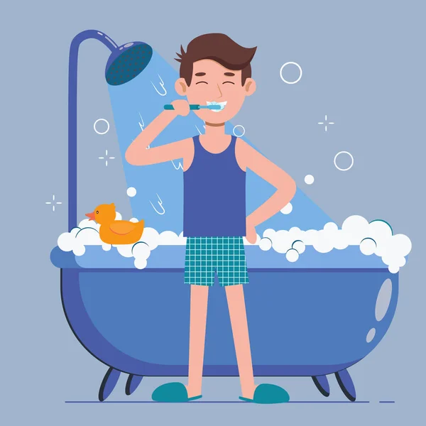 Un joven lavándose los dientes en un baño. Higiene bucal, cuidado de la salud dental. Vector plano de dibujos animados personaje ilustración. — Vector de stock
