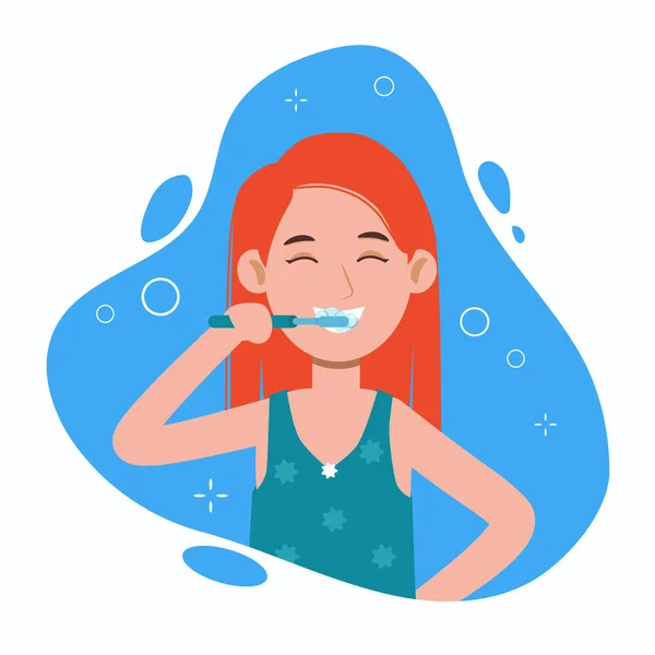 Mujer joven cepillándose los dientes en un baño. Higiene bucal, cuidado de la salud dental. Vector plano de dibujos animados personaje ilustración — Vector de stock