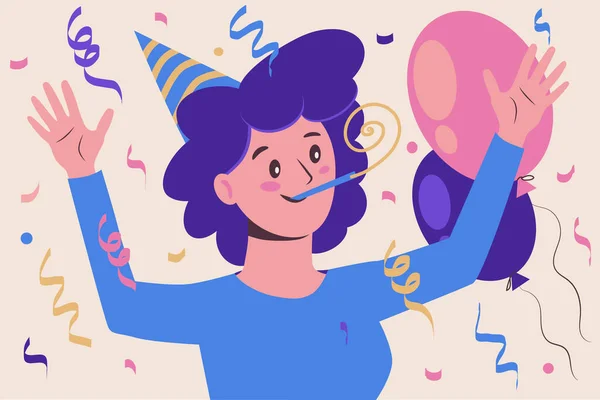 Doğum günü partisindeki kadın. Kutlama ve eğlence. Yılan ve balonlar. Çizgi film stili. — Stok Vektör