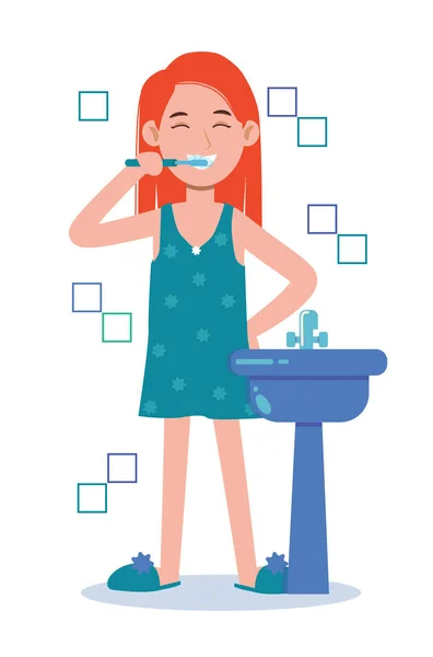 Een jonge vrouw poetst tanden in een badkamer. Orale hygiëne, zorg voor de tandheelkundige gezondheid. Vector platte cartoon karakter illustratie — Stockvector