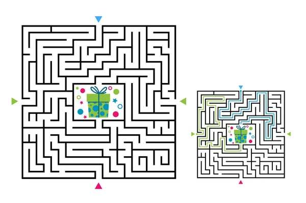 Square maze labyrinth game for kids. Labyrinth logic conundrum. Four entrance and two right way to go. Vector flat illustration — Stock Vector