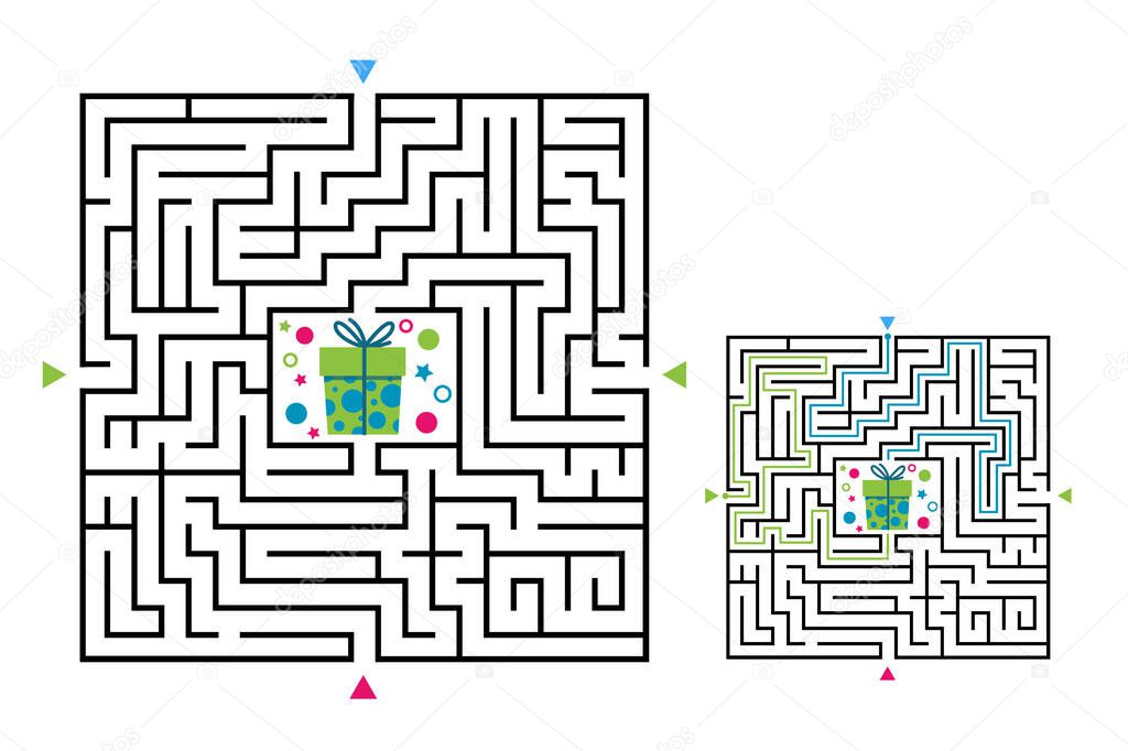 Square maze labyrinth game for kids. Labyrinth logic conundrum. Four entrance and two right way to go. Vector flat illustration