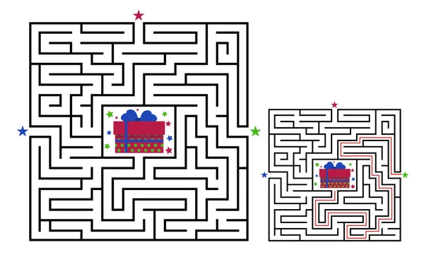 Labyrinthe carré jeu de labyrinthe pour les enfants. L'énigme de la logique labyrinthique. Trois entrées et un droit chemin à parcourir. Illustration vectorielle plate — Image vectorielle