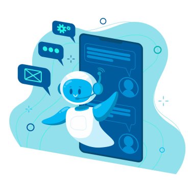 Gülümseyen sohbet robotu bir sorunu çözmeye yardımcı oluyor. İnternet sitesi ya da mobil uygulama için. Düz çizgi film çizimi