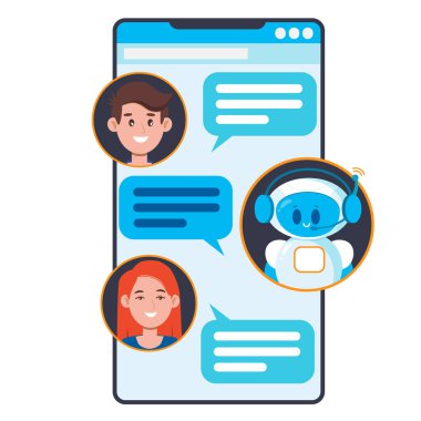 Chatbot konsepti. Kullanıcılar akıllı telefondan robot sohbet robotlarıyla sohbet ediyorlar. Siteler, afişler, web, mobil uygulamalar için düz çizgi film vektörü minimalistik illüstrasyonuName