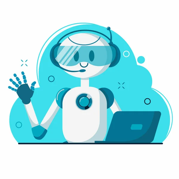 Smiling chat bot character robot helping solve a problems. For website or mobile application. Flat cartoon illustration — Stock Vector