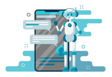 Gülümseyen sohbet robotu bir sorunu çözmeye yardımcı oluyor. İnternet sitesi ya da mobil uygulama için. Düz çizgi film çizimi