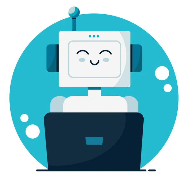 Sonriendo robot lindo chat bot. Concepto de servicio de soporte. Dibujos animados vectoriales ilustración plana — Archivo Imágenes Vectoriales