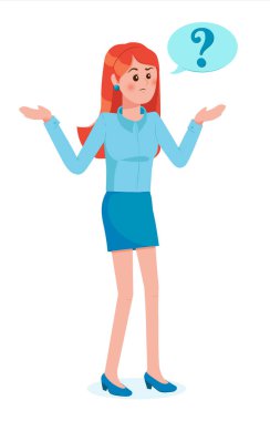 Düşünce balonunda soru işareti olan kız. Genç, sorunlu kadın. İnsanlar düşünüyor ya da problem çözüyorlar. İkilem vektörü düz çizgi film konsepti çizimi.