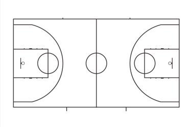 İşaretli basketbol sahası düzeni. Yukarıdan bak. Siyah beyaz plan. Beyaz arkaplanda vektör illüstrasyonu. Çizgi sanatı.