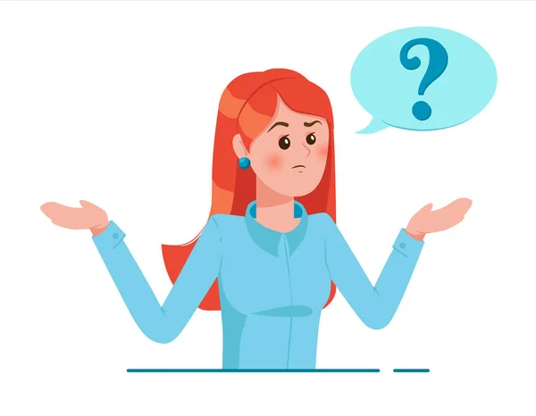 Girl with question mark in think bubble. Young troubled woman. People thinking or solving problem. Dilemma vector flat cartoon concept illustration. — Stock Vector