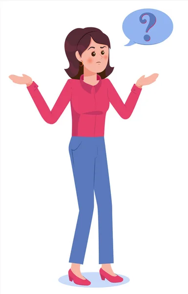 Meisje met vraagteken in denkbubbel. Jonge vervloekte vrouw. Mensen denken of lossen problemen op. Dilemma vector platte cartoon concept illustratie. — Stockvector