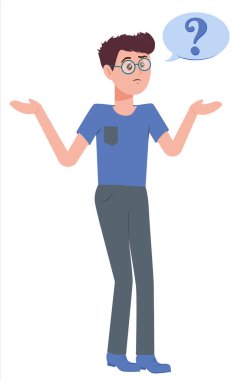 Düşünce balonunda soru işareti olan adam. İnsanlar düşünüyor ya da problem çözüyorlar. Düşünceli çocuk. İkilem vektörü düz çizgi film konsepti çizimi.