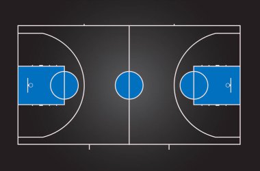 Basketbol sahası. Siyah arka plan ve mavi detaylar. Çoklu renk vektörü çizimi.