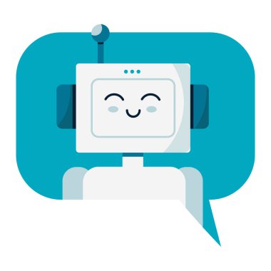Konuşma balonunda gülümseyen sevimli robot sohbet robotu. Destek hizmeti konsepti. Vektör çizgi film düz illüstrasyon