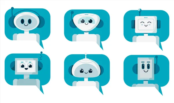 Conjunto de robôs de bate-papo robô bonitos sorridentes na bolha de fala. Conceito de serviço de suporte. Desenho animado vetorial ilustração plana —  Vetores de Stock