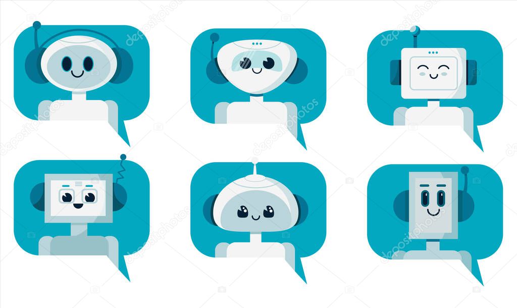 Set of smiling cute robot chat bots in speech bubble. Support service concept. Vector cartoon flat illustration isolated on white background.