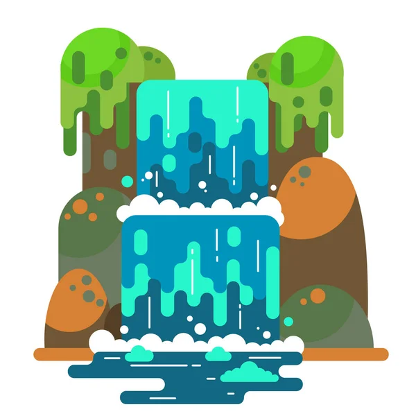 Waterfall landscape. Mountain river with cascade. Vector flat cartoon illustration