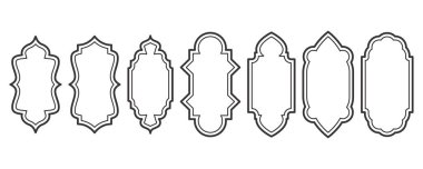 Ramazan çerçevesi şekilleri. Pencere Arap yayı ana hatları elementleri. Türk aksesuarlı kapı tasarımı. Müslüman doğulu çıkartma şablonu. Pankart ve rozet için geleneksel dekorasyon