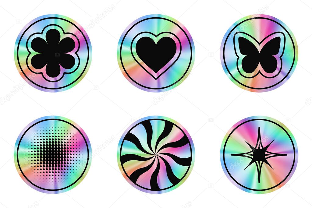 Holographic circle stickers. Gradient foil shapes. Vector neon iridescent emblems on dark background with heart star and butterfly symbols. Y2k quality tape