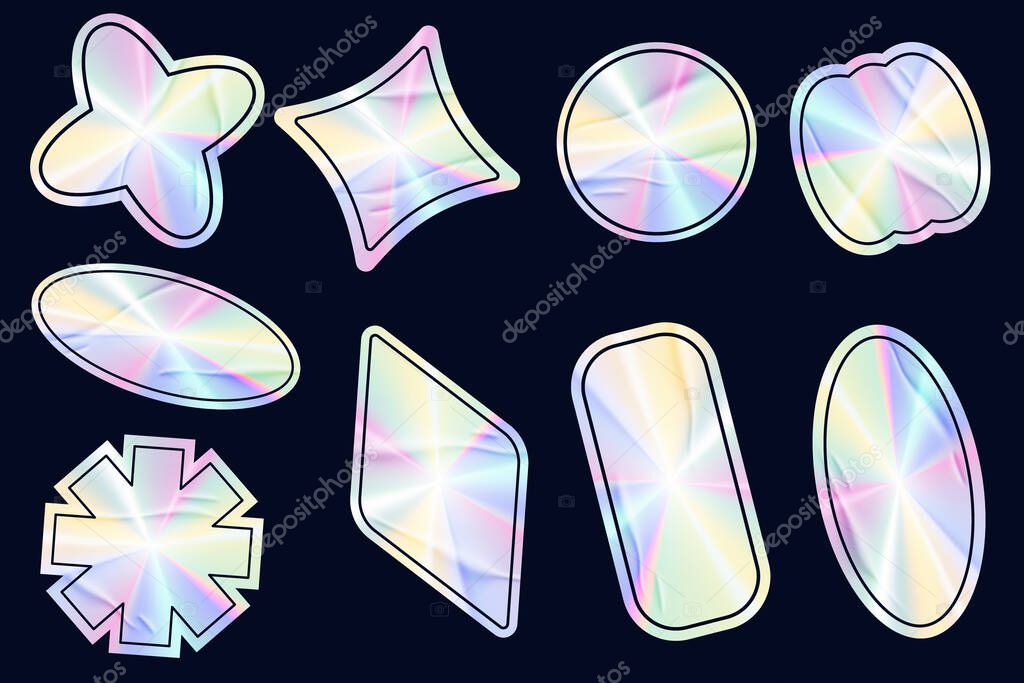 Holographic silver stickers. Gradient foil labels with geometric shapes. Vector metal stamps with neon iridescent texture. Rainbow tape for certificates and original products.